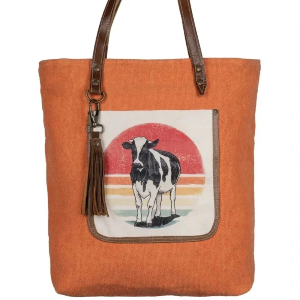 Bhrayna Bag Canvas Leather Orange Cow Tote Bag